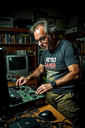 Photo of tmhrmns, (A highly detailed, realistic image of a 45-year-old man, tmhrmns , with a nerdy appearance, slightly hunched over as he intently works on assembling a computer in a cluttered, well-worn home office. The man has greying, receding hair, which is slightly disheveled, and he wears thick-rimmed glasses that slightly magnify his eyes. His facial features show the wear of age, with fine lines and a hint of stubble on his chin. He is dressed in a faded, graphic t-shirt that reads "Retro Gamer" and cargo shorts, giving him a slightly outdated, yet comfortable look. The room is filled with scattered computer parts, retro gaming consoles, and shelves stacked with books, reflecting his lifelong passion for technology. The lighting is soft and warm, casting subtle shadows that add depth to the scene, emphasizing the realism in the textures of his skin, the fabric of his clothes, and the worn surfaces of his workspace.