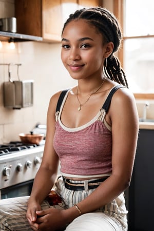 A young girl, 18 years old, (African ethnicity), slim build, indoor kitchen, smiling with closed eyes, indoor kitchen, vintage aesthetic, (striped red and white t-shirt), (black braids), happy expression, seated position, (legs crossed), arms not visible, hoop earrings, layered necklaces, high-waisted striped pants, belt, joyful atmosphere, retro decor, blurred background, soft lighting, film grain texture, (poor quality photo with low key lighting:1.6)  

 8k uhd, dslr, soft lighting, high quality, film grain, Fujifilm XT3, high quality photography, 3 point lighting, flash with softbox, 4k, Canon EOS R3, hdr, smooth, sharp focus, high resolution, award winning photo, 80mm, f2.8, bokeh, (Highest Quality, 4k, masterpiece, Amazing Details:1.1), film grain, Fujifilm XT3, photography,
detailed eyes, epic, dramatic, fantastical, full body, intricate design and details, dramatic lighting, hyperrealism, photorealistic, cinematic, 8k, detailed face. Extremely Realistic, art by sargent, PORTRAIT PHOTO, Aligned eyes, Iridescent Eyes, (blush, eye_wrinkles:0.6), (goosebumps:0.5), subsurface scattering, ((skin pores)), (detailed skin texture), (( textured skin)), realistic dull (skin noise), visible skin detail, skin fuzz, dry skin, hyperdetailed face, sharp picture, sharp detailed, (((analog grainy photo vintage))), Rembrandt lighting, ultra focus, illuminated face, detailed face, 8k resolution
,photo r3al,Extremely Realistic,aw0k euphoric style,PORTRAIT PHOTO,Enhanced Reality