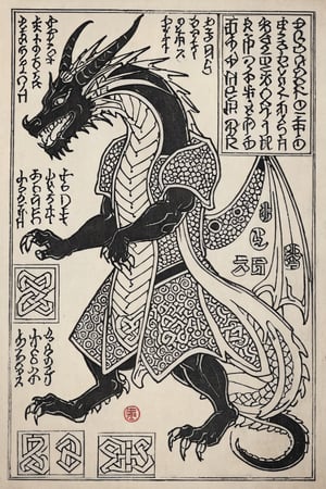 a dragon  in his layer,Nordic runes, epic light,Ukiyo-e