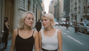 Wide view Artsy lomo shot. Candid street photography by a art photographer, Chiaroscuro, capturing a spontaneous, unposed moment in a busy city. ((Wide shot)), ((rule of thirds composition)), the subject placed to the side, blending naturally into the urban scene. ((Full body)). two beautiful young woman in their twenties with soft, elegant features are walking  and (( talking to each other ))  through the street, totally ((unaware of the camera)), lost in her thoughts, looking away from viewer, going about her day without noticing anyone watching. Her skin shows natural imperfections with (((visible pores))), adding realism. Her striking blue-green eyes, framed by thick lashes, seem distant, and her defined cheekbones give her a graceful look. Her lips, naturally rosy, form a faint, relaxed smile. Blonde whii hair cascades in an uneven bobcut, flowing naturally around her face. She wears a sleek, stylish dress that compliments her figure, paired with minimal but refined jewelry, like small diamond earrings. In the background, a busy city scene unfolds with cars, pedestrians, and cyclists, capturing the essence of everyday life. The photograph embraces natural lighting, with rich colors, film grain, and kodachrome vibes, creating an authentic feel. The high depth of field ensures every detail is crisp, making it feel like a candid, fleeting moment frozen in time. Masterpiece-level, fine art street photography, focused on the anonymity and unawareness of the subject, caught in the moment.

. flfmt,flmft. illustration