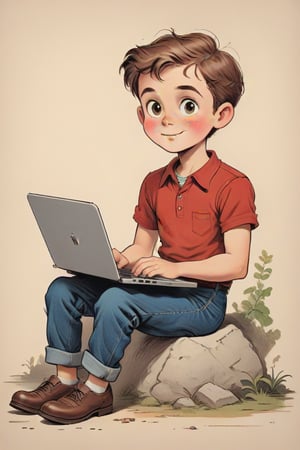 vintage comic book ((illustration)), 
(Brown-haired boy with a round face, sitting down, ((holding a laptop on one hand)), and ((typing with the other hand))) in a (mid-20th-century cartoon illustration style). The male child character has (simple, stylized features) with (small dot eyes and a gentle smile), wearing a red shirt and blue jeans pants. The hair is (brown, represented with simple, playful shapes). The boy appears (joyful and innocent), with a (retro aesthetic reminiscent of 1950s and 1960s children's book illustrations). The background is (minimalistic, focusing on the character) with (flat, solid colors typical of offset printing). The overall mood is (cheerful and nostalgic), capturing the (essence of vintage children's illustrations). rubber_hose_character, children's picture books,, detailed gorgeous face, exquisite detail, ((full body)), 30-megapixel, 4k, Flat vector art, Vector illustration, Illustration, ,,rubber_hose_character,,vintagepaper,,,,,,,,<lora:659095807385103906:1.0>