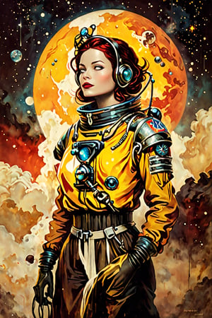 digital art 8k, style, mail art,A creatively illustrated abstract image of a 1950’s pulp magazine cover art "Junk Tank" is the title logo. It’s a science fiction woman in an astronaut suit, predominately warm analagous colors such as yellow, orange , red, generally vivid and bright but limted color palette, isolated from the background elements so the image is clean, simple and minimalistic, (dark luminescent:1.2) art by Alphonse Mucha, Norman Rockwell,more detail XL, in the style of esao andrews,esao andrews style,vintagepaper