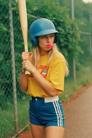 Professional photography, , Phone ultra realistic & detail photo, A 
(mid-1970s, vintage sports aesthetic), (full-body shot), a young woman stands in a batting stance, holding a large baseball bat with confidence, ready and focused to swing the baseballbat. She is blowing a bubblegum bubble, giving her a playful yet determined look. She is dressed in a retro yellow t-shirt with a bold print and classic blue athletic shorts with white stripes, creating a nostalgic, sporty feel. (Her long blonde hair) flows freely under a (shiny blue helmet), adding to the carefree vibe. Her intense gaze is focused ahead, capturing the competitive energy of the moment. (The chain-link fence in the background) emphasizes the outdoor setting, typical of a local baseball field, with blurred green foliage surrounding the scene. The image conveys a strong sense of mid-70s Americana, with bright, warm tones, a playful atmosphere, and a hint of vintage athletic culture.


Detailed face, big beautiful deep-set eyes, detailed skin.
Photograph by Andrzej Baturo,, Avant-garde,. Use soft, warm colors and a serene atmosphere, Photoshoot, analog camera, grainy, film grain, Shot on 35mm lens, cosy atmosphere in city outside,Perfect Eyes,Detailed skin,Skin blemish