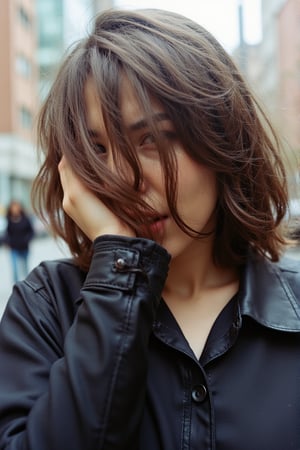 instagram photo, 1girl, black woman, perfect detailed eyes, natural skin \[\[(face asymmetry, eyes asymmetry, deformed eyes, open mouth)\]\]. A grainy photograph of the indigenoues model with brown hair fluttering in the wind covering her face wearing an oversized leather shirt, she is running through the streets of New York. The style is reminiscent of the iconic fashion photography of Vivienne Westwood. The camera used to capture the motion blur on her face creates a dynamic effect.

(((dry skin, skin pores))), ((looking away)), detailed, run, ((((analog)))), model, vogue, RAW, contrast, 8k, (natural skin texture, hyperrealism, soft light, sharp), (freckles:0.3), (acne:0.3), Cannon EOS 5D Mark III, 85mm,

Image noise, high contrast, washed out colors, slight motion blur, jpeg artifacts, on flickr in 2007, 2005 blog, 2007 blog, flfmt,n1ppl3,nud3,br34st