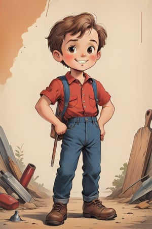 vintage comic book ((illustration)), 
(Brown-haired boy with a round face, standing tall, holding tools like screwdrivers and a pencil) in a (mid-20th-century cartoon illustration style). The male child character has (simple, stylized features) with (small dot eyes and a gentle smile), wearing a red shirt and blue jeans pants. The hair is (brown, represented with simple, playful shapes). The boy appears (joyful and innocent), with a (retro aesthetic reminiscent of 1950s and 1960s children's book illustrations). The background is (minimalistic, focusing on the character) with (flat, solid colors typical of offset printing). The overall mood is (cheerful and nostalgic), capturing the (essence of vintage children's illustrations). rubber_hose_character, children's picture books,, detailed gorgeous face, exquisite detail, ((full body)), 30-megapixel, 4k, Flat vector art, Vector illustration, Illustration, ,,rubber_hose_character,,vintagepaper,,,,,,<lora:659095807385103906:1.0>