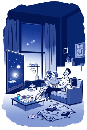 An editorial illustration of a group of friends lounging on a sofa, watching TV late at night inside their apartment. One person holds a bowl of popcorn, while the others laugh at the screen, their postures relaxed and carefree.

Appearance:
Casually dressed in hoodies, sweats, and t-shirts. One person has their feet propped up on the coffee table, another is wrapped in a blanket, creating a cozy, lived-in atmosphere.

Setting:
A modern living room with abstract lines depicting the sofa, a coffee table cluttered with snacks, and a large TV screen. The night sky is visible through a nearby window.

Mood:
Light-hearted and relaxed, the scene conveys a sense of friendship and casual fun, with muted tones reinforcing the night-time setting.

Era:
Present-day, with subtle hints of minimalist design.

Perspective:
Front-facing view of the group, showing their engagement with the TV and their shared laughter.

Background:
Chaotic painted blob in dark blue watercolor, with monochrome cool soft tints color palette.

. Style of satoshi hashimoto, satomic.