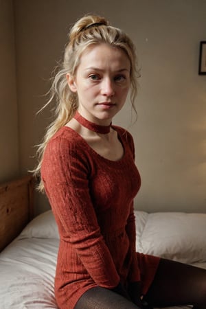 (full body), (establishing shot). a 35 year old woman with blonde straight hair, sitting in her bed, hardly smiling expression, red minidress, black tights, ponytail, thispersondoesnotexist.com, average appearance girl, posted on reddit, taken using an iPhone 7 camera, amateur, real life person, basic person with realistic features  

Low camera shot. (Low perspective shot). film grain. grainy. Sony A7III. photo r3al, 
, PORTRAIT PHOTO, 
Aligned eyes,  Iridescent Eyes,  (blush,  eye_wrinkles:0.6),  (goosebumps:0.5),  subsurface scattering,  ((skin pores)),  detailed skin texture,  textured skin,  realistic dull skin noise,  visible skin detail,  skin fuzz,  dry skin,  hyperdetailed face,  sharp picture,  sharp detailed,  analog grainy photo vintage,  Rembrandt lighting,  ultra focus,  illuminated face,  detailed face,  8k resolution,photo r3al,Extremely Realistic