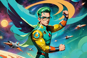 Minimalist painting of an old sci - fi male character design, guy wearing round dark-framed glasses, character is minimal size in the overall image, very small character in space, character is in a dynamic pose, flying through space, stretching one arm out and up, clenching his fist, vintage, retro, space age, comic cover, minimal design, tainted, worn, (faded:0.4), yellow green cyan color scheme,psy, sexy, carmen electra,girl,ohwx woman,patina metal skin, topless, upper body shot, rocket ship, on a planet,retro_rocket