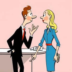 (Mid-century modern illustration style) (Two thoughtful characters) (One male, one female) with (exaggerated, cartoon-like facial expressions), both (gazing deeply at each other, conveying a sense of being madly in love). The male character is (wearing a sharp black suit and a red tie), his (posture slightly leaning forward, with one hand loosely resting in his pocket, while the other hand gestures subtly toward the woman). The female character is (dressed in a sleek, fitted blue dress with a structured collar and red belt), her (blonde hair styled in soft waves with subtle highlights) cascading over her shoulders. Her (body language is confident yet gentle, with her arm partially extended toward the man in a relaxed manner, holding a document in one hand). Both characters have (playful, yet tender expressions) with (slightly flushed cheeks) and (bright, wide eyes full of affection).

The (setting is a minimalistic, abstract office environment), represented by (simple, clean lines) that suggest (a corporate backdrop, such as a desk, a few scattered documents, and a telephone, all subtly outlined in black). The (background features a muted pink tone) that enhances the (romantic yet professional vibe), while (contrasting blue and red accents) on the characters’ clothes add a pop of color. The (clean lines, limited color palette, and minimalist design) reinforce the (mid-century modern aesthetic). The image effectively captures the (whimsical, yet intense emotions of falling in love in a corporate setting).

(((hand drawn, loose, loose coloring ))), (((shaded illustration))),
(Coloring technique: loose, expressive fills) (fill does not reach outlines precisely, with occasional overshooting) (flat, minimal shading) (bold color palette, few colors) (dynamic, hand-drawn sketch aesthetic).There are areas where the color spills beyond the intended boundary. 

Coarse fluid bold black outlines. Spare color use.
Style satoshi hashimoto, satomic.