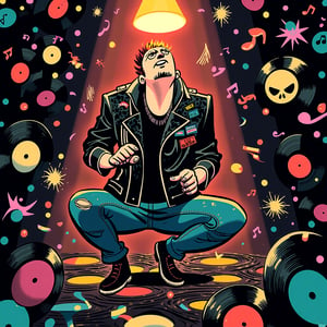 An editorial illustration featuring a punk guy at the center, his vibrant mohawk and piercings contrasting with his relaxed but focused expression. He's surrounded by a whirlwind of vinyl records and colorful record sleeves, dancing and floating around like confetti. Bright, musical notes float between the records and sleeves, adding a rhythmic energy to the composition. The records gleam black, reflecting light, while the sleeves are vivid and diverse, representing various genres of music.

The punk guy wears a leather jacket, adorned with band patches, and his jeans are ripped, with studded boots anchoring him firmly to the ground. A faint glow emanates from his hands, as if he's emitting a quiet passion for music. The lighting is dim, with a single overhead bulb casting a warm glow, slightly overexposing the scene to highlight his intensity amidst the chaos of music. This creates a dynamic yet emotional moment, capturing the raw love for music and self-expression.

The style captures the vibrant and rebellious spirit of the punk era, yet carries a subtle commentary on the transformative power of music.

Style of satomic