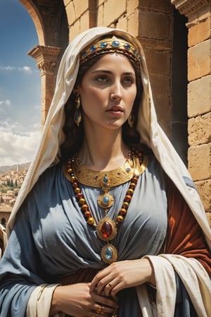 ((Mary)) mother of Jesus at first century, wearing ancient Israelite garment and accesories, (RAW photo, best quality), (realistic, photo-Realistic:1.3), best quality, masterpiece, beautiful and aesthetic, 16K, (HDR:1.4), high contrast, (vibrant color:1.4), (muted colors, dim colors, soothing tones:0), Exquisite details and textures, cinematic shot, Warm tone, (Bright and intense:1.2), wide shot, ultra realistic illustration, siena natural ratio,
Art by greg rutkowski and raphael lacoste,
Perfect anatomy, centered, approaching perfection, stunning, something that even doesn't exist, mythical being, energy, molecular, textures, pure perfection, divine presence, unforgettable, impressive, auras, fullbody:1.1, fullbody shot
