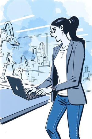 An editorial illustration of a female robotics engineer programming a robotic arm in a sleek lab. She is typing on a laptop, her expression thoughtful as the robotic arm moves in front of her.

Appearance:
The engineer wears a smart blazer over a t-shirt and jeans. She has glasses perched on her nose, and her fingers move quickly across the laptop. Her hair is in a ponytail, and her posture is confident, but with a calm intensity.

Setting:
A futuristic lab with abstract outlines of various robots and machines in the background. The robotic arm, sleek and modern, stands out as the primary focus. LED lights illuminate the space in a cool, controlled atmosphere.

Mood:
Focused and innovative, the scene captures the cutting-edge nature of her work with technology.

Era:
Near-future, with advanced technology hinted at in the design of the robots.

Perspective:
Over-the-shoulder view, focusing on her laptop screen and the robotic arm as it moves.

Background:
Chaotic painted blob in light blue and silver watercolor, with monochrome cool soft tints color palette.
. Style of satoshi hashimoto, satomic.