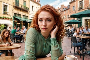 (full body), (wide shot), (establishing shot).1 girl.
26-year-old woman with red wavy hair, sitting at a café terrace outside, contemplative expression, in a green blouse, hair down.downblouse. top perspective shot. ((Looking away)),
, thispersondoesnotexist.com, average appearance girl, posted on reddit, taken using an iPhone 7 camera, amateur, real life person, basic person with realistic features  

Low camera shot. (Low perspective shot). film grain. grainy. Sony A7III. photo r3al, 
, PORTRAIT PHOTO, 
Aligned eyes,  Iridescent Eyes,  (blush,  eye_wrinkles:0.6),  (goosebumps:0.5),  subsurface scattering,  ((skin pores)),  detailed skin texture,  textured skin,  realistic dull skin noise,  visible skin detail,  skin fuzz,  dry skin,  hyperdetailed face,  sharp picture,  sharp detailed,  analog grainy photo vintage,  Rembrandt lighting,  ultra focus,  illuminated face,  detailed face,  8k resolution,photo r3al,Extremely Realistic,PORTRAIT PHOTO