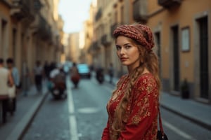 Photography in (steve mccurry style), an Italian woman, classic clothes,  cultural portrait, emotive humane photography, rich colors, analog film, film grain, kodachrome, intricate details, insanely detailed, natural lighting, 8k, hdr, masterpiece, award winning photography, Fine art photography style, film photography style. ((Very wide view, standing on the street in Italy, some people and cars, bikers in background)). Very sharp, very high depth of field. High dof.
The overall composition has a cinematic, feel, blending the nostalgia of classic paintings with every day life. flfmt
