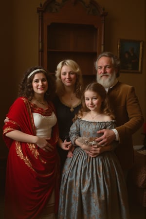 A 1770s photo of a french comfortable and prosperous bourgeois family, gathered in their townhouse or countryside estate, They dress in high-quality and elegant attire, showcasing their social status, Rich and luxurious colors adorn their clothing and surroundings, reflecting their financial stability and appreciation for the finer things in life.

. The warm, soft lighting accentuates everyone's  features, giving the photograph a timeless, ethereal quality.,perfect eyes,skin blemish,detailed skin, flfmt