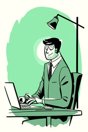 A cartoon illustration of a man in a business suit working late at night on his laptop, seated at his minimalist desk. His face is illuminated by the screen, eyes focused on the task. Minimal abstract lines depict the office space, with a muted green watercolor blob background. Monochrome cool soft tints color palette. Style of satoshi hashimoto, satomic.