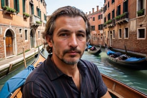 Venice gondola view, capturing a fleeting moment with a 32-year-old Venetian gondolier, epitomizing the romance and charm of the city. He has a robust build, and his distinctive, sun-tanned face is marked by a small, healed cut on his lip, adding to his rugged appeal. Gliding along a narrow canal near the Rialto Bridge, he skillfully navigates the gondola, his focus on the waterway, unaware of the camera capturing this serene scene.

His hair, dark and slightly wavy, is typical of a man who spends his days outdoors, lending him a natural, approachable look. As he stands at the stern, guiding the gondola, his profile shows a moment of attentive navigation, his lips parted in a soft whistle, his gaze never meeting the camera's lens.

He's dressed in a (traditional striped shirt) and (dark, casual trousers), the quintessential attire of a gondolier. His feet, in (well-worn, practical shoes), are firmly positioned on the gondola, his stance steady as he provides a memorable experience through Venice's iconic canals., late afternoon in August. detailed fingers, 4k, HD, high quality, extremely detailed . RAW photo, 8k uhd, dslr, high quality, film grain, Fujifilm XT3 , detailed (wrinkles, blemishes, folds, moles, viens, pores, skin imperfections:1.1)  dark studio, rim lighting, two tone lighting, dimly lit, low key.
(skin blemishes), 8k uhd, dslr, soft lighting, high quality, film grain, Fujifilm XT3, high quality photography, 3 point lighting, flash with softbox, 4k, Canon EOS R3, hdr, smooth, sharp focus, high resolution, award winning photo, 80mm, f2.8, bokeh, (Highest Quality, 4k, masterpiece, Amazing Details:1.1), film grain, Fujifilm XT3, photography,
(imperfect skin), detailed eyes, epic, dramatic, fantastical, full body, intricate design and details, dramatic lighting, hyperrealism, photorealistic, cinematic, 8k, detailed face. Extremely Realistic, art by sargent, PORTRAIT PHOTO, Aligned eyes, Iridescent Eyes, (blush, eye_wrinkles:0.6), (goosebumps:0.5), subsurface scattering, ((skin pores)), (detailed skin texture), (( textured skin)), realistic dull (skin noise), visible skin detail, skin fuzz, dry skin, hyperdetailed face, sharp picture, sharp detailed, (((analog grainy photo vintage))), Rembrandt lighting, ultra focus, illuminated face, detailed face, 8k resolution
,photo r3al,Extremely Realistic,aw0k euphoric style,PORTRAIT PHOTO,Enhanced Reality,PHOTO