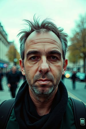 Photo of tmhrmns, A RAW candid cinema-style photograph shot on 16mm film, color graded to evoke the rich tones of Portra 400. Natural portrait aesthetic, muted skin tones, true-to-life coloration,
Soft contrast, visible skin texture, reduced brightness and saturation,
The guy is walking on the streets of London. The color palette blends light cyan and light bronze hues, giving the scene a surreal yet warm glow. His skin, ultra-realistic with visible texture, shows detailed pupils, fine lines, and subtle skin fuzz, alongside hints of dry skin. 