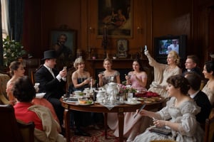 A classic Victorian tea party is in full swing, but instead of sipping tea and gossiping, the guests are engrossed in modern technology. Elaborately dressed women in Victorian gowns, with tightly styled hair and lace gloves, are taking selfies with smartphones and texting on sleek tablets. Men in top hats and waistcoats lean back in antique chairs, laughing at something on a laptop screen. The room is decorated in rich, dark wood with fine china on the table, but subtle modern touches—like USB ports hidden in the walls and a flat-screen TV showing memes—give the scene a quirky, time-bending twist.