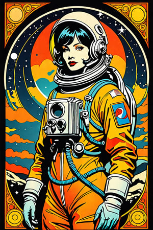 digital art 8k, style, mail art,A creatively illustrated abstract image in vector form of a 1950’s pulp magazine cover art "Junk Tank" is the title logo. It’s a science fiction woman in an astronaut suit, predominately warm analagous colors such as yellow, orange , red, generally vivid and bright but limted color palette, isolated from the background elements so the image is clean, simple and minimalistic, (dark luminescent:1.2) art by Alphonse Mucha, Kinuno Y Craft, Brian Froud, Arthur Rackham, Jean Baptiste Monge