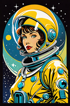 digital art 8k, style, mail art,A creatively illustrated abstract image in vector form of a 1950’s pulp magazine cover art "Junk Tank" is the title logo. It’s a science fiction woman in an astronaut suit, predominately Pantone off-white and with analagous colors such as yellow, generally vivid and bright but limted color palette, isolated from the background elements so the image is clean, simple and minimalistic, (dark luminescent:1.2) art by Alphonse Mucha, Kinuno Y Craft, Brian Froud, Arthur Rackham, Jean Baptiste Monge