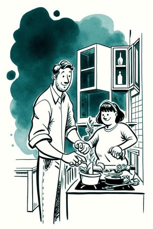 an illustration of a man and a woman preparing dinner in a small kitchen. The man is chopping vegetables, while the woman is stirring a pot. Both are smiling, their faces lit by the warm glow of the stove. Abstract lines define the kitchen furniture, window open slightly to let in the cool night breeze. Dark teal watercolor blobs in the background. Monochrome warm soft tints color palette. Style of satoshi hashimoto, satomic.