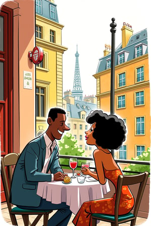 A detailed and colorful editorial illustration depicting a cartoon scene of a couple eating outside at a Paris restaurant terrace. The man, a Black man in his late 30s with Caribbean and African descent, and the woman with olive skin and short curly hair, sit opposite each other at a round table. She wears a high fashion dress. The romantic city of Paris serves as the background. Hand-drawn with loose, expressive fills and nice shading techniques, featuring a bold color palette with few colors. Dynamic, hand-drawn sketch aesthetic with coarse fluid bold black outlines. Textured chaotic paint background in duotone colors, watercolor, with a warm color palette. In the style of Satoshi Hashimoto and Satomic.