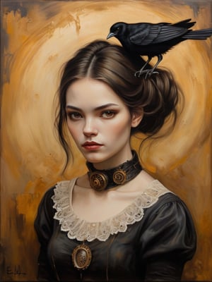 image is an ((oil painting on canvas)) depicting a portrait of a young woman with a (neutral expression). She has (dark hair) adorned with what appears to be a (black bird) with its wings spread. Her skin is pale, highlighted with touches of gold and brown, which match the (golden-brown textured background) that has an abstract quality. The woman's eyes are large and soulful, gazing directly at the viewer. She is wearing a (black top) with a (lace collar). The painting has a rustic yet elegant feel, with expressive brushstrokes and visible canvas texture that add to the artistry of the work. steampunk, gothic portrait, painted in the style of esao andrews