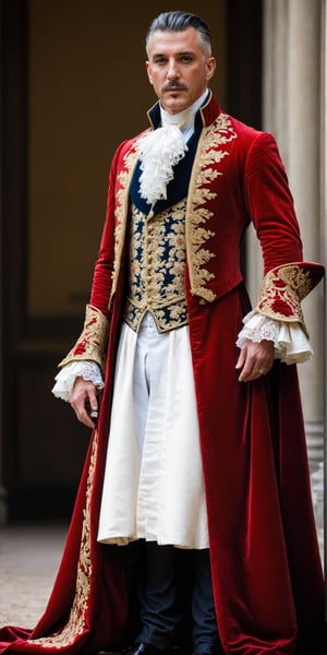 male aristocrat,handsome james maynard keenan,Wearing luxury sack-back gown,
detailed and opulent description of a male aristocrat's sack-back gown in Rococo style, main colors red, burgundy and gold, emphasizing luxurious fabrics, intricate embroidery, and ornate accessories, while capturing the essence of the extravagant fashion of the era,photo r3al,Extremely Realistic