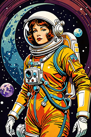 digital art 8k, style, mail art,A creatively illustrated abstract image in vector form of a 1950’s pulp magazine cover art "Junk Tank" is the title logo. It’s a science fiction woman in an astronaut suit, predominately warm analagous colors such as yellow, orange , red, generally vivid and bright but limted color palette, isolated from the background elements so the image is clean, simple and minimalistic, (dark luminescent:1.2) art by Alphonse Mucha, Kinuno Y Craft, Brian Froud, Arthur Rackham, Jean Baptiste Monge