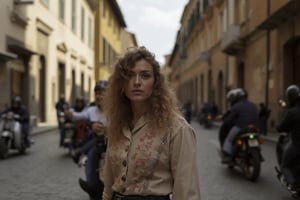 Photography in (steve mccurry style), an Italian woman, classic clothes,  cultural portrait, emotive humane photography, rich colors, analog film, film grain, kodachrome, intricate details, insanely detailed, natural lighting, 8k, hdr, masterpiece, award winning photography, Fine art photography style, film photography style. ((Very wide view, standing on the street in Italy, some people and cars, bikers in background)). Very sharp, very high depth of field. High dof.
The overall composition has a cinematic, feel, blending the nostalgia of classic paintings with every day life. flfmt
