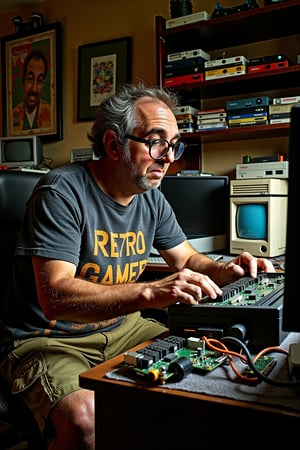 Photo of tmhrmns, (A highly detailed, realistic image of a 45-year-old man, tmhrmns , with a nerdy appearance, slightly hunched over as he intently works on assembling a computer in a cluttered, well-worn home office. The man has greying, receding hair, which is slightly disheveled, and he wears thick-rimmed glasses that slightly magnify his eyes. His facial features show the wear of age, with fine lines and a hint of stubble on his chin. He is dressed in a faded, graphic t-shirt that reads "Retro Gamer" and cargo shorts, giving him a slightly outdated, yet comfortable look. The room is filled with scattered computer parts, retro gaming consoles, and shelves stacked with books, reflecting his lifelong passion for technology. The lighting is soft and warm, casting subtle shadows that add depth to the scene, emphasizing the realism in the textures of his skin, the fabric of his clothes, and the worn surfaces of his workspace.