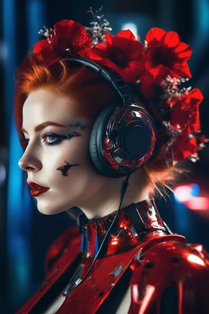 (portrait of a female cyborg), pale complexion, (vibrant red eyeshadow and lipstick), cybernetic headphones, elegant, red flowers in hair, (dynamic red, white, and black splashes), metallic orange-red clothing, (abstract blue background with light effects). image depicts a striking portrait of a female figure with cyborg elements. She has a pale complexion with dramatic makeup featuring vibrant red eyeshadow and lipstick. There are noticeable cybernetic components attached to her head, resembling headphones or headgear, which give her a robotic appearance. Her expression is neutral, with a hint of elegance, amplified by the presence of what appears to be red-colored flowers adorned in her hair. The colors are rich and contrasted, with splashes and drips of paint, primarily in shades of red, white, and black, creating a dynamic and somewhat chaotic effect around her. Her clothing or shoulder area is a glossy, metallic orange-red color, which complements the overall color scheme of the image. The background is abstract, with hints of blue and light that suggest depth and complexity.

, ((Wide shot,low perspective, full body shot)), polaroid photo of a redhead woman hitchhiking on a road, warm tones, perfect landscape, 
,Extremely Realistic