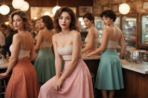 (photograph of a diner scene, bar stools at a counter, women dancing groovy, various dancing poses, eyes closed, entranced by the music. Women wearing various summer outfits including((( long summer skirt))) , hairstyles and hats typical of the 1990s, countertop displays a cake stand and other items, floor is terrazzo, LIFE magazine watermark in the bottom right corner, atmosphere is casual and social)
, nipples poking through fabric, nipples very prominent poking through fabric, under soft lighting, 
Extremely Realistic, art by sargent, PORTRAIT PHOTO, 
Aligned eyes,  Iridescent Eyes,  (blush,  eye_wrinkles:0.6),  (goosebumps:0.5),  subsurface scattering,  ((skin pores)),  (detailed skin texture),  (( textured skin)),  realistic dull (skin noise),  visible skin detail,  skin fuzz,  dry skin,  hyperdetailed face,  sharp picture,  sharp detailed,  (((analog grainy photo vintage))),  Rembrandt lighting,  ultra focus,  illuminated face,  detailed face,  8k resolution,,
Extremely Realistic, art by sargent, PORTRAIT PHOTO, 
Aligned eyes,  Iridescent Eyes,  (blush,  eye_wrinkles:0.6),  (goosebumps:0.5),  subsurface scattering,  ((skin pores)),  (detailed skin texture),  (( textured skin)),  realistic dull (skin noise),  visible skin detail,  skin fuzz,  dry skin,  hyperdetailed face,  sharp picture,  sharp detailed,  (((analog grainy photo vintage))),  Rembrandt lighting,  ultra focus,  illuminated face,  detailed face,  8k resolution,






