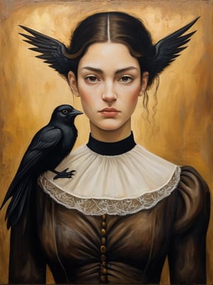 image is an ((oil painting on canvas)) depicting a portrait of a young woman with a (neutral expression), style of Leonardo da Vinci and rene Magritte. Painted with rough and broad loose strokes. She has (dark hair) adorned with what appears to be a (black bird) with its wings spread. Her skin is pale, highlighted with touches of gold and brown, which match the (golden-brown textured background) that has an abstract quality. The woman's eyes are large and soulful, gazing directly at the viewer. She is wearing a (black top) with a (lace collar). The painting has a rustic yet elegant feel, with expressive brushstrokes and visible canvas texture that add to the artistry of the work. steampunk, gothic portrait, painted in the style of esao andrews,greg rutkowski