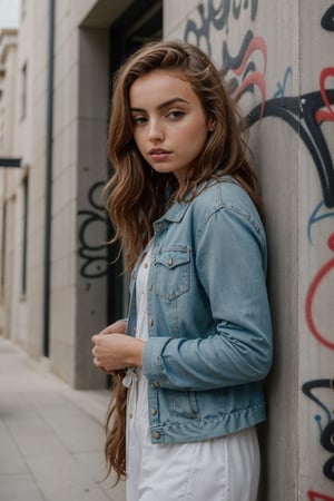 (masterpiece:1.2),best quality,portrait of ana de armas with long ginger wavy hair standing in front of a wall with graffiti, wearing casual clothes, fall vibes, blushed, looking at the camera, colorful scene, midshot, focus on face, professional photography, ultra sharp focus, tetradic colors, 