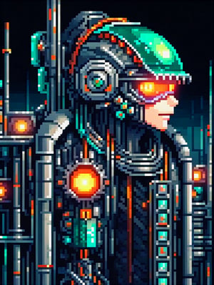 pixel art (cyborg integrated into huge machinery, cables attached to head, wires, tubes, steam:1.3),  teal and orange lighting, (dark lighting:1.3), (masterpiece:1.2), best quality,  colorful, (intricate details, hyperdetailed, highest detailed:1.2), high resolution textures,pixel art