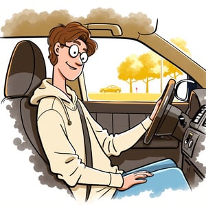 (((colorful illustration))) by satoshi, 1 guy, A {20-year-old | 25-year-old | 30-year-old} guy-next-door wearing round glasses, driving in his car. Perspective side view from inside the car.. He is wearing a {simple t-shirt and jeans | comfy hoodie and leggings} in {soft pastels | earthy tones | bright colors}. Hie mood is {cheerful | relaxed | carefree}, and he has a {chill | laid-back | easygoing} demeanor. Background: Chaotic painted blob in soft taupe and warm mustard watercolor, with monochrome warm tints color palette.

(((hand drawn, loose, loose coloring ))), (((shaded illustration))),
(Coloring technique: loose, expressive fills) (fill does not reach outlines precisely, with occasional overshooting) (flat, minimal shading) (bold color palette, few colors) (dynamic, hand-drawn sketch aesthetic).There are areas where the color spills beyond the intended boundary. 

Coarse fluid bold black outlines. Spare color use.
Style satoshi hashimoto, satomic.