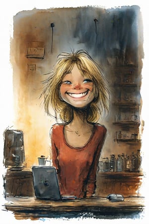a woman, blonde long hair, bangs haircut framing her face, smiling, ((Wide shot,low perspective, full body shot)), in her office, working on laptop, taking a phone call,