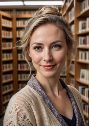 Bookstore view of a Swedish librarian, 41 years old, balancing intellectual aura with a gentle approachability, with a slender, slightly stooped posture and a soft face marked by a pronounced lazy eye, in a quaint Stockholm library. She's shelving books, her movements delicate and methodical, her smile warm and slightly lopsided, revealing slightly uneven teeth.

Her hair, a silvery-blonde, is kept in a neat, low bun, functional for her work. Her eyes, one noticeably less focused, reflect a quiet intelligence, her smile kind and inviting despite its asymmetry.

She has a lean, gentle build, with one shoulder slightly higher than the other. Dressed in a (cozy cardigan) over a (patterned blouse) and (comfortable slacks), her outfit is librarian-chic and practical. Her feet, in (soft, cushioned flats), move quietly through the aisles, her presence a blend of scholarly knowledge and unassuming charm.
(skin blemishes), 8k uhd, dslr, soft lighting, high quality, film grain, Fujifilm XT3, high quality photography, 3 point lighting, flash with softbox, 4k, Canon EOS R3, hdr, smooth, sharp focus, high resolution, award winning photo, 80mm, f2.8, bokeh, (Highest Quality, 4k, masterpiece, Amazing Details:1.1), film grain, Fujifilm XT3, photography,
(imperfect skin), detailed eyes, epic, dramatic, fantastical, full body, intricate design and details, dramatic lighting, hyperrealism, photorealistic, cinematic, 8k, detailed face. Extremely Realistic, art by sargent, PORTRAIT PHOTO, Aligned eyes, Iridescent Eyes, (blush, eye_wrinkles:0.6), (goosebumps:0.5), subsurface scattering, ((skin pores)), (detailed skin texture), (( textured skin)), realistic dull (skin noise), visible skin detail, skin fuzz, dry skin, hyperdetailed face, sharp picture, sharp detailed, (((analog grainy photo vintage))), Rembrandt lighting, ultra focus, illuminated face, detailed face, 8k resolution
,photo r3al,Extremely Realistic,aw0k euphoric style,PORTRAIT PHOTO,Enhanced Reality