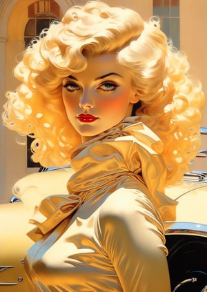 Art by J.C. Leyendecker, a masterpiece, stunning beauty, hyper-realistic oil painting, vibrant colors, a beautiful gorgeous Bond girl type character, dark chiarascuro lighting, standing next to an Aston Martin, a telephoto shot, 1000mm lens, f2,8,