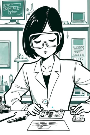 A cartoon illustration of a female technician soldering electronic components at a workbench. Her face is calm but intensely focused, with small wisps of smoke rising from the soldering iron.

Appearance:
The technician wears a lab coat and safety goggles. Her hair is in a short bob, and her hands are steady as she works on a circuit board. The room’s light reflects off the metal components, highlighting her precision.

Setting:
A clean, minimalist lab with abstract outlines of tools, wires, and electronics on the workbench. Several monitors and screens display technical diagrams in the background.

Mood:
Calm, focused, and precise, the scene captures the detailed and meticulous nature of her work.

Era:
Contemporary, with high-tech electronic equipment.

Perspective:
Close-up, focusing on her hands, the circuit board, and the glowing tip of the soldering iron.

Background:
Chaotic painted blob in soft gray and teal watercolor, with monochrome cool soft tints color palette.
. Style of satoshi hashimoto, satomic.