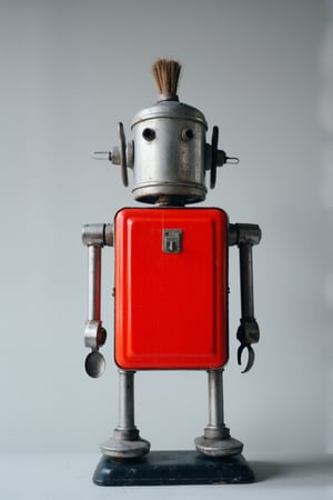  An artistic robot sculpture assembled from various vintage metal objects stands upright on a small platform. The overall design is retro-futuristic, with simple yet expressive features crafted from ordinary, repurposed items.

Pose: The robot stands with a static posture, facing directly forward. Its arms are positioned down its sides with a slightly mechanical, stiff angle. Its head is tilted slightly upwards, giving it an inquisitive or curious appearance.

Appearance:

Head: The head is made from a metal cup or container with a polished silver finish. Two metal handles extend outward from either side of the head, resembling small ears or antennae. A small brush with brown bristles is placed at the top, emerging from the container like hair or a decorative element. A metal latch-like structure forms the facial area, mimicking a rudimentary face with two screws representing eyes.
Body: The torso is a bright red, rectangular tin can with a glossy, vintage finish. The edges of the body are sharp and boxy, with a metallic sheen. The torso is smooth and polished, with no visible joints. (Ignore all the text on the can, focusing only on its color and shape.)
Arms: The arms are made of simple metal utensils, likely spoons, with the curved ends acting as hands. These arms are thin, metallic, and slightly rusted, adding an aged, industrial feel.
Legs: The legs are two cylindrical metal rods with a silver finish, leading down to flat, rectangular metal feet. The legs are attached firmly to a black base, which serves as a platform for the sculpture.
Setting: The sculpture stands alone against a neutral gray backdrop, with no additional objects or background elements. The lighting is soft and diffused, casting minimal shadows around the sculpture. The focus is entirely on the robot figure, making it the central object of attention.

Era: The objects used in the sculpture are likely sourced from mid-20th-century household items, evoking a vintage or retro aesthetic. The robot design has a playful, DIY feel reminiscent of 1950s to 1960s futuristic depictions.

Camera Perspective: The shot is taken from a straightforward, eye-level perspective, focusing on the entire figure. The camera angle is slightly wide to capture the whole sculpture from head to foot, with the robot centered perfectly within the frame.

8k uhd, dslr, lighting, high quality, film grain, Fujifilm XT3, (establishing shot:1.5), perfect hand. Medium depth of field, vignette, highly detailed, high budget, bokeh, cinemascope, vibrant, epic, gorgeous, film grain,

flmft, flmft style