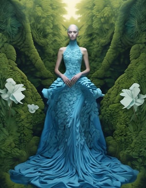 Fluid organic patterns, surreal dreamscape, harmonious illusions, soothing azure curves, high fashion in serenity, Escher-inspired flow of fabrics, enchanting gardens bathed in soft twilight hues, focus on the face, ethereal, (gric style:1.15), hyperrealistic, Gric. In this vision, the model's attire seamlessly blends with a background of lush, dreamlike foliage, creating a serene and almost mystical atmosphere. The scene, inspired by the paradoxical art of M.C. Escher, plays with perspective and fluidity, contrasting the structured complexity of fashion with the effortless grace of nature. Soft, ambient lighting highlights the face, capturing a look of tranquil contemplation, while the surroundings evoke a sense of peaceful, otherworldly beauty.