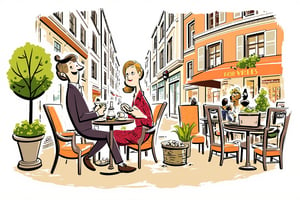 A ((( detailed and colorful editorial illustration))). cartoon scene, (((couple eating outside at a Paris restaurant terrace))).

The man, a Black man in his late 30s with Caribbean and African descent, the woman with olive skin and short curly hair, sit opposite of each other of a round table. She is wearing a nice high fashion dress. Background: A the romantic city of Paris. 

 (((hand-drawn, loose, loose coloring))) (Coloring technique: loose, expressive fills), ((nice shading techniques)) (bold color palette, few colors) (dynamic, hand-drawn sketch aesthetic). Coarse fluid bold black outlines. Style Satoshi Hashimoto, satomic. Textured chaotic paint background in duotone colors, watercolor, with a warm color palette. In the style of Satoshi Hashimoto. Satomic.