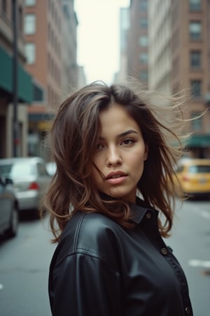 instagram photo, 1girl, black woman, perfect detailed eyes, natural skin \[\[(face asymmetry, eyes asymmetry, deformed eyes, open mouth)\]\]. A grainy photograph of the indigenoues model with brown hair fluttering in the wind covering her face wearing an oversized leather shirt, she is running through the streets of New York. The style is reminiscent of the iconic fashion photography of Vivienne Westwood. The camera used to capture the motion blur on her face creates a dynamic effect.

(((dry skin, skin pores))), ((looking away)), detailed, run, ((((analog)))), model, vogue, RAW, contrast, 8k, (natural skin texture, hyperrealism, soft light, sharp), (freckles:0.3), (acne:0.3), Cannon EOS 5D Mark III, 85mm,

Image noise, high contrast, washed out colors, slight motion blur, jpeg artifacts, on flickr in 2007, 2005 blog, 2007 blog, flfmt,n1ppl3,nud3,br34st