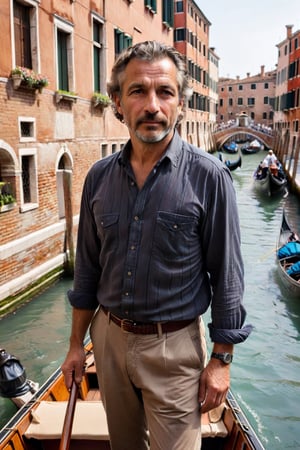 Venice gondola view, capturing a fleeting moment with a 32-year-old Venetian gondolier, epitomizing the romance and charm of the city. He has a robust build, and his distinctive, sun-tanned face is marked by a small, healed cut on his lip, adding to his rugged appeal. Gliding along a narrow canal near the Rialto Bridge, he skillfully navigates the gondola, his focus on the waterway, unaware of the camera capturing this serene scene.

His hair, dark and slightly wavy, is typical of a man who spends his days outdoors, lending him a natural, approachable look. As he stands at the stern, guiding the gondola, his profile shows a moment of attentive navigation, his lips parted in a soft whistle, his gaze never meeting the camera's lens.

He's dressed in a (traditional striped shirt) and (dark, casual trousers), the quintessential attire of a gondolier. His feet, in (well-worn, practical shoes), are firmly positioned on the gondola, his stance steady as he provides a memorable experience through Venice's iconic canals., late afternoon in August. detailed fingers, 4k, HD, high quality, extremely detailed . RAW photo, 8k uhd, dslr, high quality, film grain, Fujifilm XT3 , detailed (wrinkles, blemishes, folds, moles, viens, pores, skin imperfections:1.1)  dark studio, rim lighting, two tone lighting, dimly lit, low key.
(skin blemishes), 8k uhd, dslr, soft lighting, high quality, film grain, Fujifilm XT3, high quality photography, 3 point lighting, flash with softbox, 4k, Canon EOS R3, hdr, smooth, sharp focus, high resolution, award winning photo, 80mm, f2.8, bokeh, (Highest Quality, 4k, masterpiece, Amazing Details:1.1), film grain, Fujifilm XT3, photography,
(imperfect skin), detailed eyes, epic, dramatic, fantastical, full body, intricate design and details, dramatic lighting, hyperrealism, photorealistic, cinematic, 8k, detailed face. Extremely Realistic, art by sargent, PORTRAIT PHOTO, Aligned eyes, Iridescent Eyes, (blush, eye_wrinkles:0.6), (goosebumps:0.5), subsurface scattering, ((skin pores)), (detailed skin texture), (( textured skin)), realistic dull (skin noise), visible skin detail, skin fuzz, dry skin, hyperdetailed face, sharp picture, sharp detailed, (((analog grainy photo vintage))), Rembrandt lighting, ultra focus, illuminated face, detailed face, 8k resolution
,photo r3al,Extremely Realistic,aw0k euphoric style,PORTRAIT PHOTO,Enhanced Reality,PHOTO