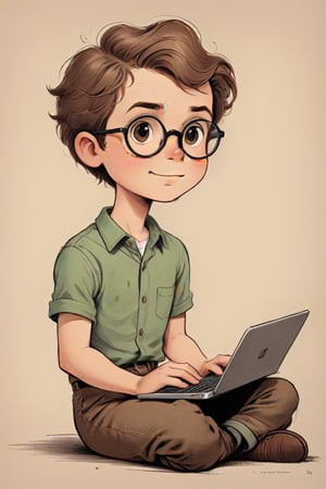 vintage comic book ((illustration)), 
(Brown-haired guy with a round face, wearing round glasses, sitting down, ((holding a laptop on one hand)), and ((typing with the other hand))) in a (mid-20th-century cartoon illustration style). The male character has (simple, stylized features) with (small dot eyes and a gentle smile), wearing a green shirt and brown jeans pants. The hair is (brown, represented with simple, playful shapes). The boy appears (joyful and innocent), with a (retro aesthetic reminiscent of 1950s and 1960s comic book illustrations). The background is (minimalistic, focusing on the character) with (flat, solid colors typical of offset printing). The overall mood is (cheerful and nostalgic), capturing the (essence of vintage children's illustrations). rubber_hose_character, children's picture books,, detailed gorgeous face, exquisite detail, ((full body)), 30-megapixel, 4k, Flat vector art, Vector illustration, Illustration, ,,rubber_hose_character,,vintagepaper,,,,,,,,<lora:659095807385103906:1.0>