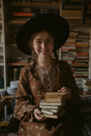 A classic Victorian tea party is in full swing, A photo of a tall woman in a brown dress with a black witch hat, holding a stack of books, with bookshelves behind her in a cozy bedroom, posted on Snapchat. She has freckles and is smiling. Flfmt 