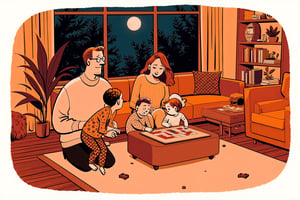 An editorial illustration of a family sitting on the floor playing a board game inside their cosy apartment. The father explains the rules, while the mother and children listen attentively, their faces lit with soft amusement. The room feels intimate, with dim lighting creating a sense of calm warmth.

Appearance:
The father wears a casual turtleneck and glasses, the mother in a comfy oversized sweater, and the children in colorful pajamas. Their body language is relaxed, leaning slightly toward the game.

Setting:
The abstract outlines of a furnished living room with a round coffee table, scattered bookshelves, and soft cushions. The window shows the night sky, with a soft glow of moonlight spilling in.

Mood:
Warm and serene, the scene conveys familial bonding and quiet joy. The muted tones and warm lighting evoke comfort and connection.

Era:
Modern-day, with subtle hints of mid-century furniture design.

Perspective:
Overhead view, looking down at the game and the family, capturing their closeness and the centeredness of the board game in their activity.

Background:
Chaotic painted blob in dark orange watercolor, with monochrome warm soft tints color palette.

Style of satoshi hashimoto, satomic.